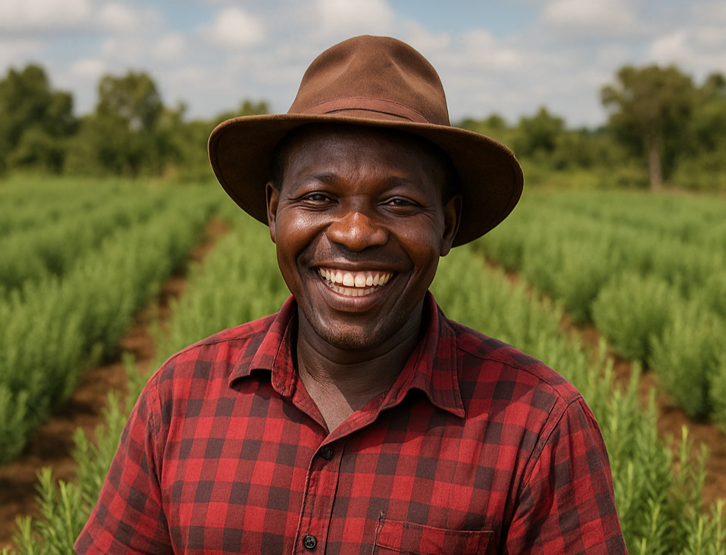 Farmer in corn field during sunset